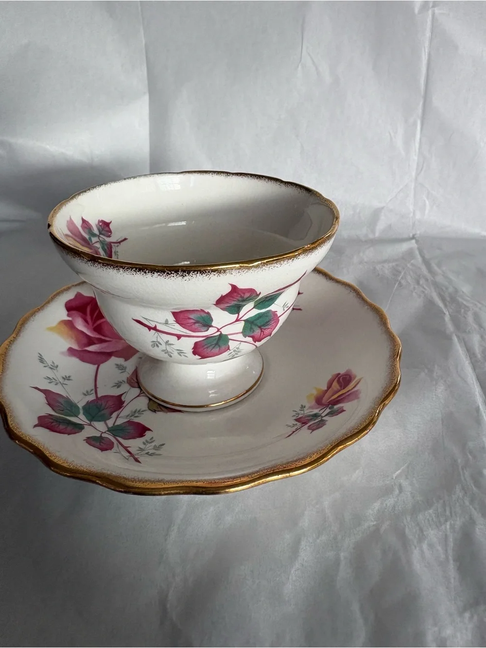 Rosina White Teacup & Saucer With Multi-color  Floral Gold Trim England Bone
